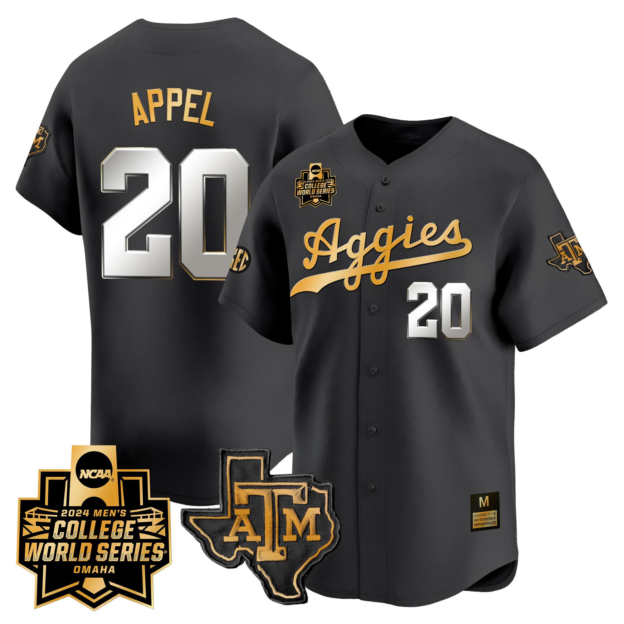 Men Texas A&M Aggies #20 Appel Black 2024 College World Series Vapor Premier Limited NCAA Jersey